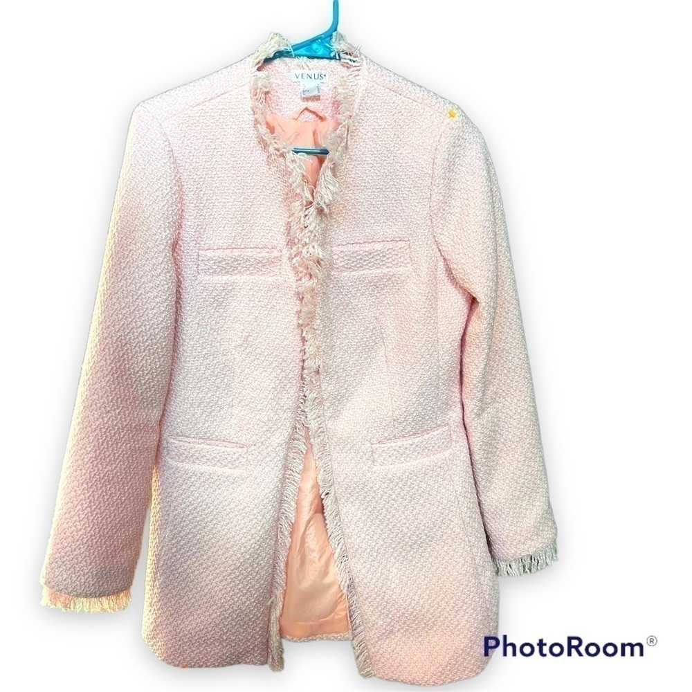 Venus Pink Tweed Blazer Jacket Frayed Edges Size 4